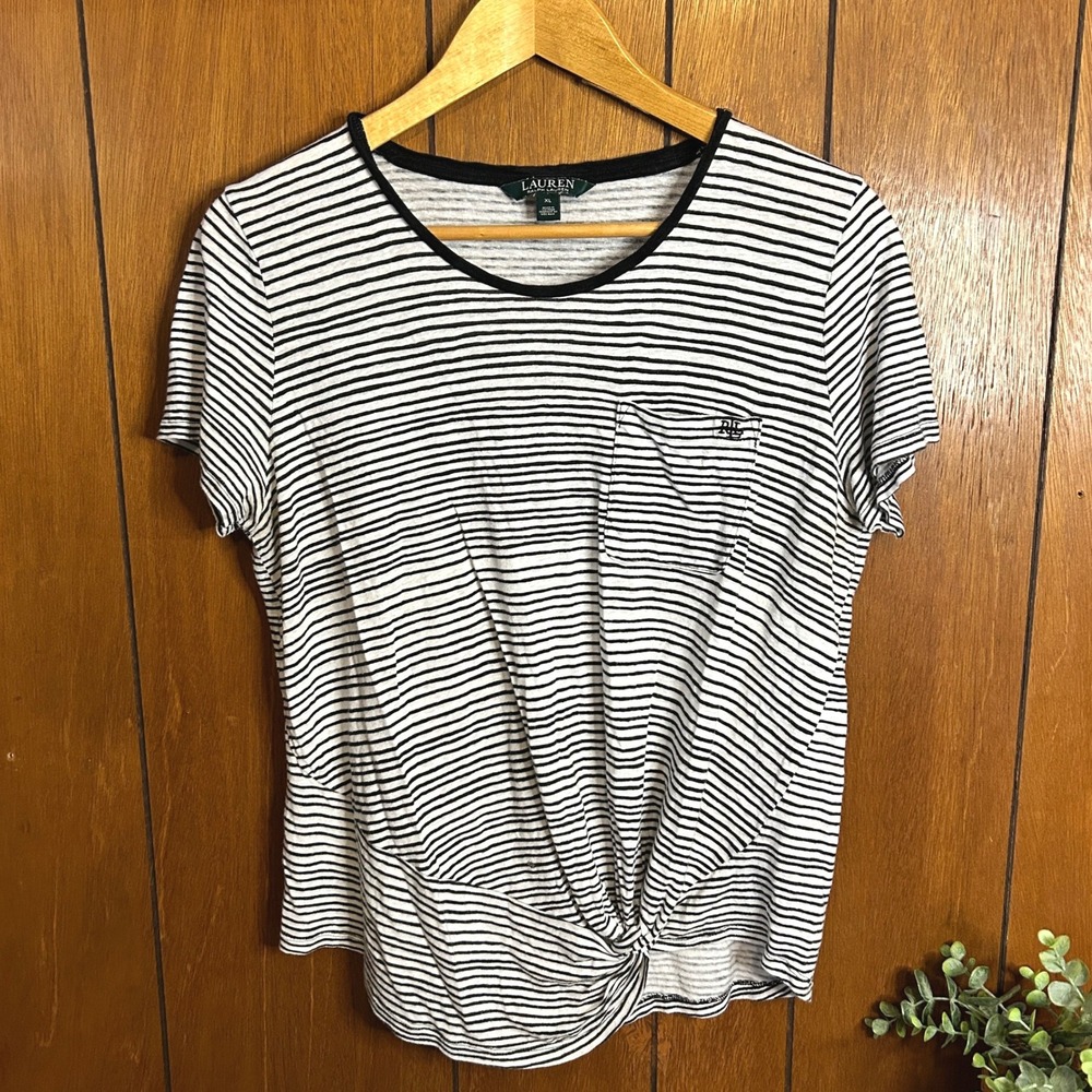 Lauren Ralph Lauren Womens Linen Striped Knit Twist Hem Pocket T‎ Shirt XL